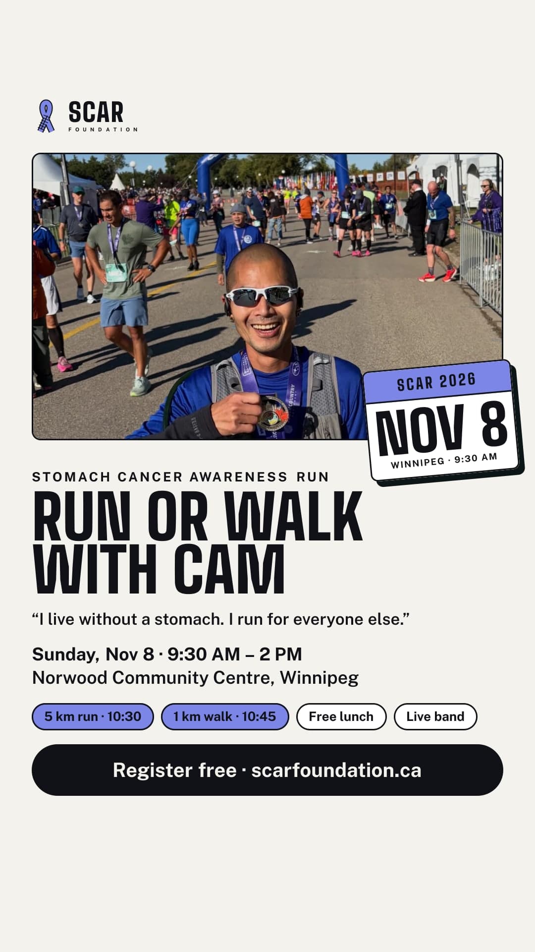 SCAR 2026 story image: run or walk with Cam on Sunday, Nov 8 in Winnipeg